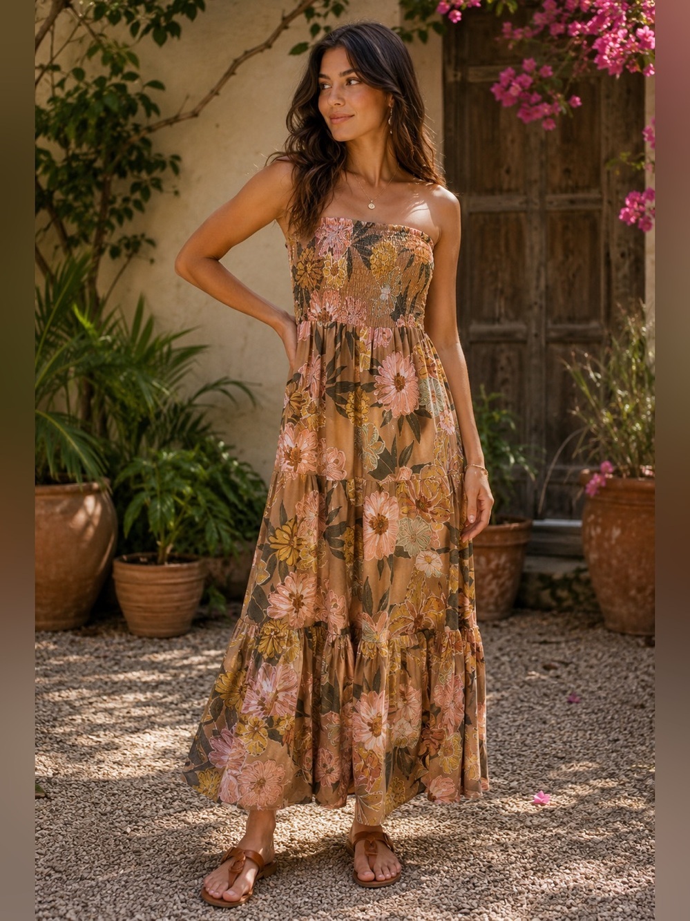 Roxy Strapless Floral Dress in Pink and Tan Size XS Boho Festival Cottagecore